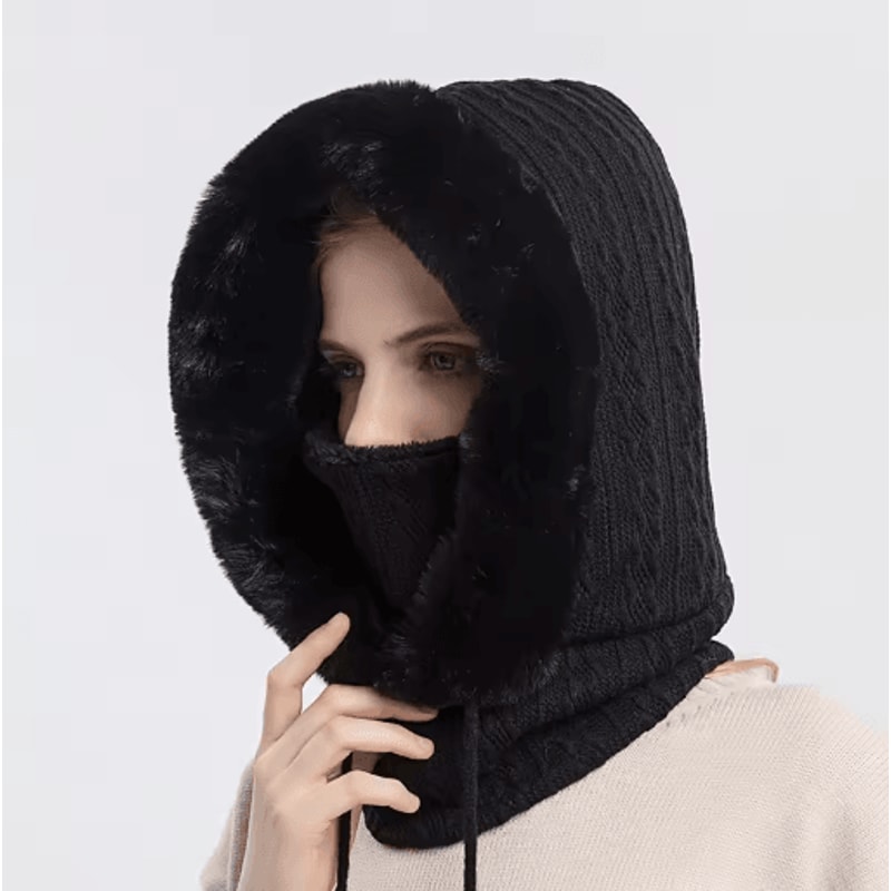 Women Winter Hooded Balaclava Hat With Neck Warmer Knitted Plush Windproof Cap 3