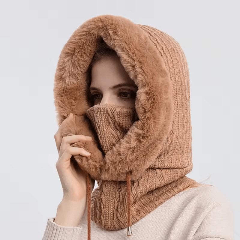 Women Winter Hooded Balaclava Hat With Neck Warmer Knitted Plush Windproof Cap 4
