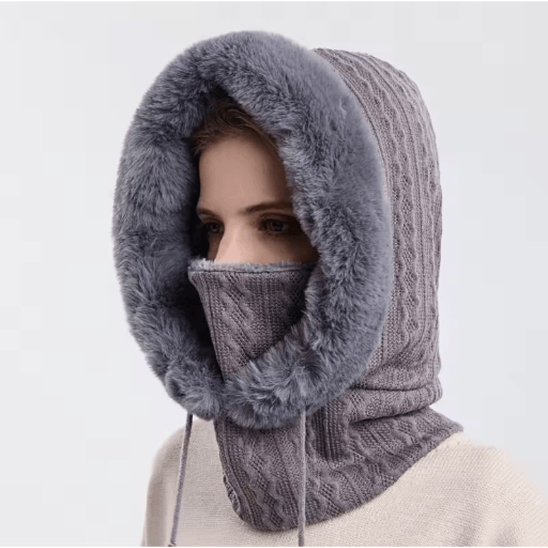 Women Winter Hooded Balaclava Hat With Neck Warmer Knitted Plush Windproof Cap 5