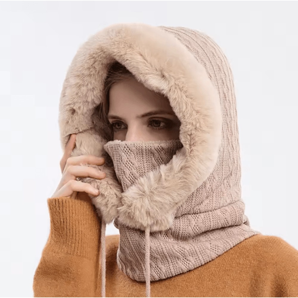 Women Winter Hooded Balaclava Hat With Neck Warmer Knitted Plush Windproof Cap 6