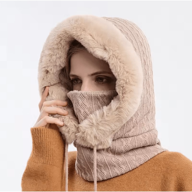 Women Winter Hooded Balaclava Hat With Neck Warmer Knitted Plush Windproof Cap 6