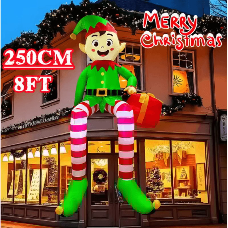 8FT Christmas Inflatable Sitting Elf With Gift Outdoor Inflatable Elf Decoration With Built In LED 0