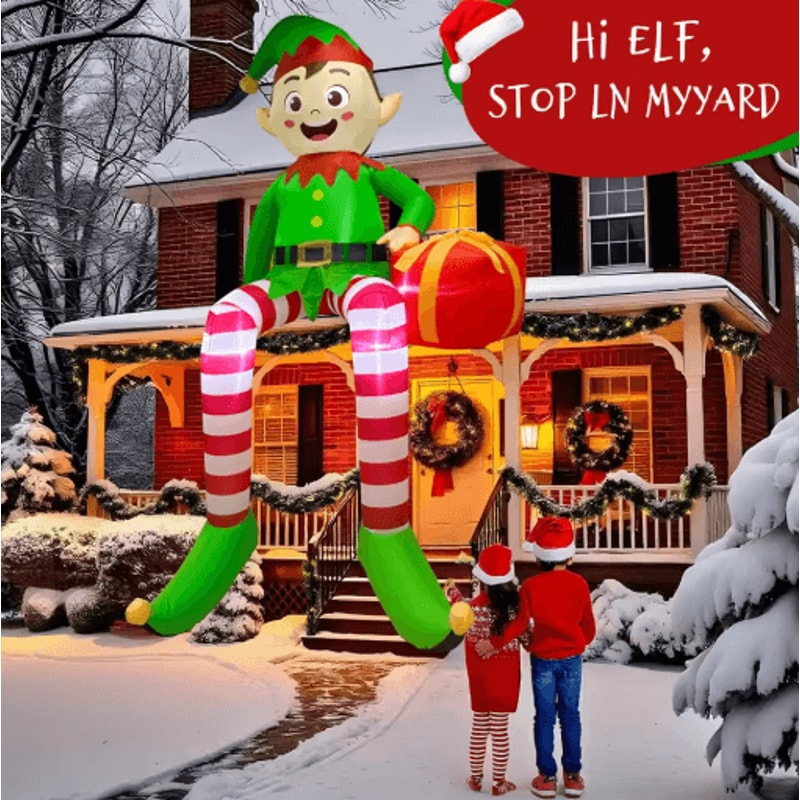 8FT Christmas Inflatable Sitting Elf With Gift Outdoor Inflatable Elf Decoration With Built In LED 1