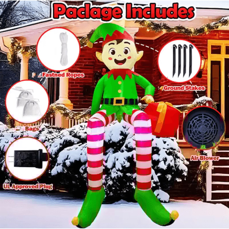 8FT Christmas Inflatable Sitting Elf With Gift Outdoor Inflatable Elf Decoration With Built In LED 4