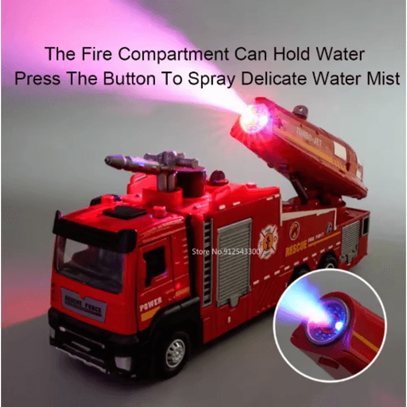 Scale Water Spray Fire Truck Toy With Lights Sound Pull Back Ladder Rescue Vehicle For Kids 2