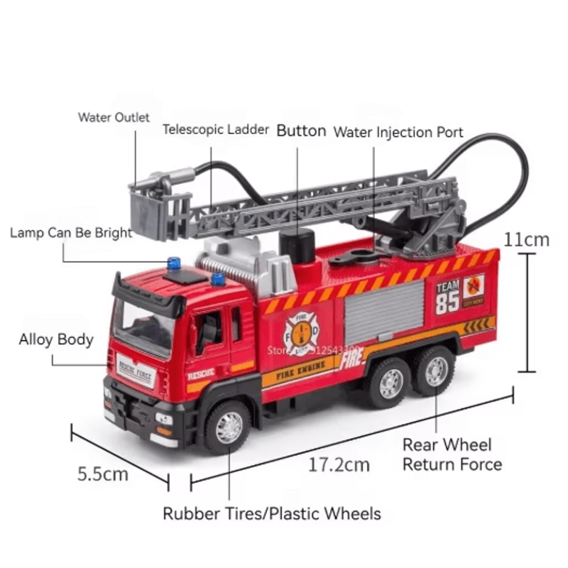 Scale Water Spray Fire Truck Toy With Lights Sound Pull Back Ladder Rescue Vehicle For Kids 7