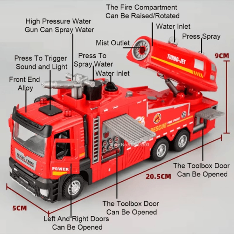 Scale Water Spray Fire Truck Toy With Lights Sound Pull Back Ladder Rescue Vehicle For Kids 8