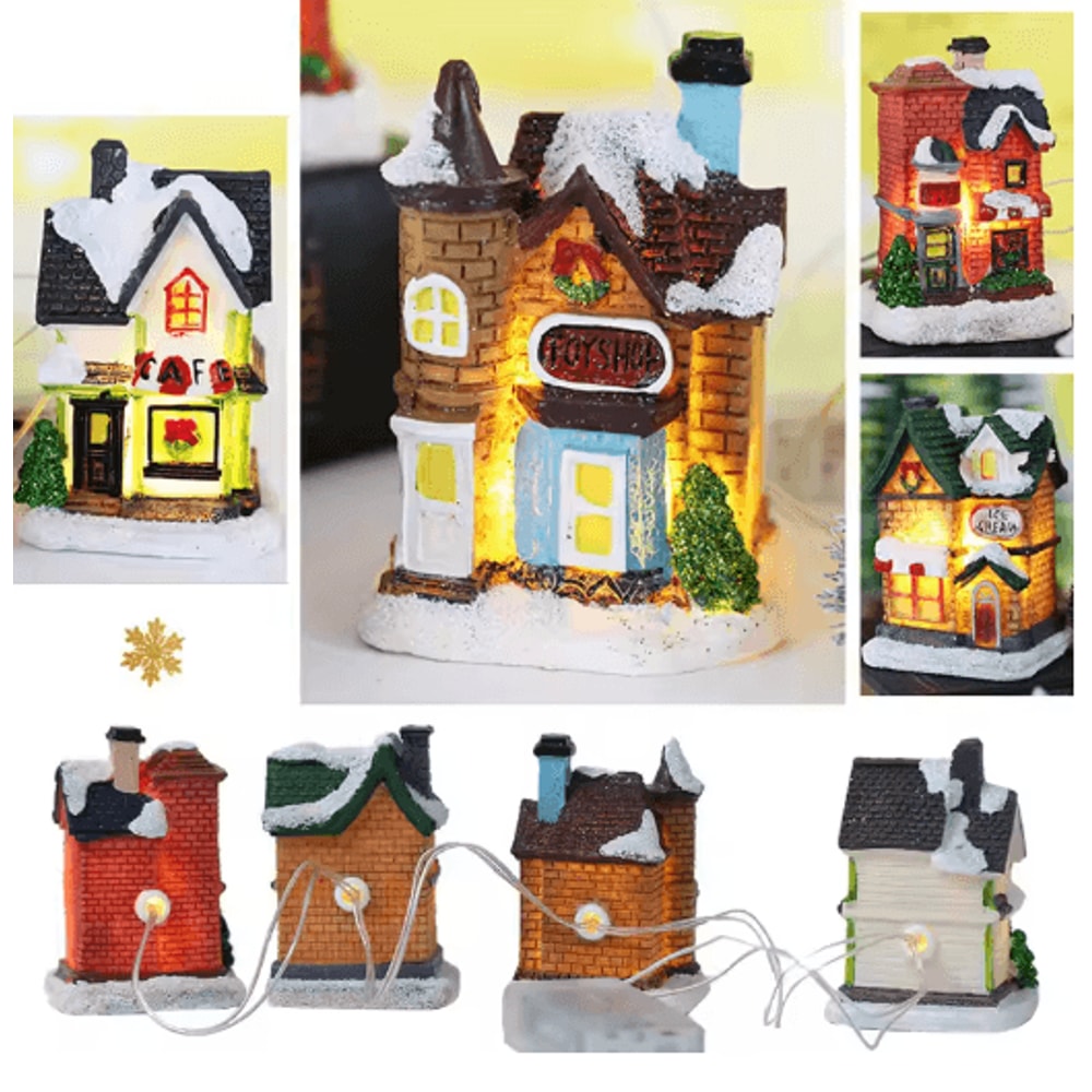 LED Resin Christmas Village Ornament Set Lighted Holiday House With Santa Snow Scene 3