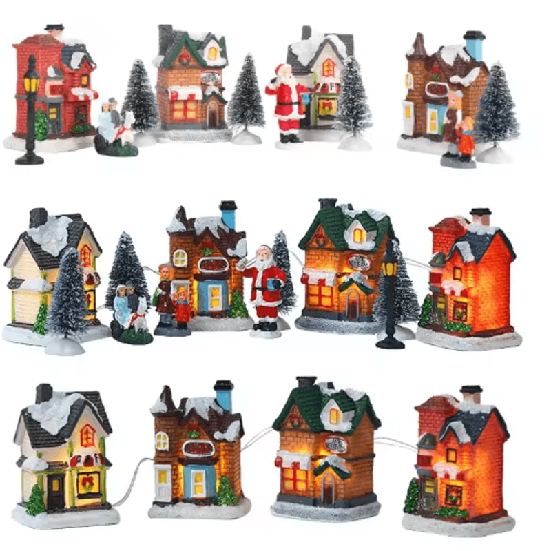 LED Resin Christmas Village Ornament Set Lighted Holiday House With Santa Snow Scene 4