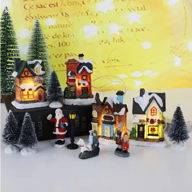 LED Resin Christmas Village Ornament Set Lighted Holiday House With Santa Snow Scene 6