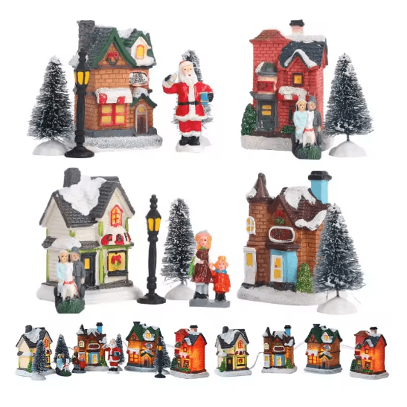 LED Resin Christmas Village Ornament Set Lighted Holiday House With Santa Snow Scene 0