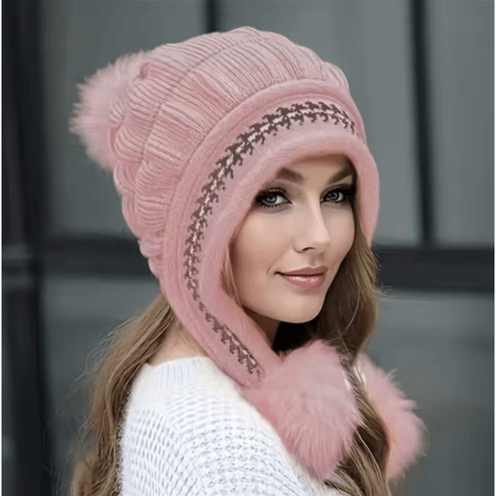 Womens Winter Fur Hat Fleece Lined Earflap Knitted Beanie For Cold Weather 4