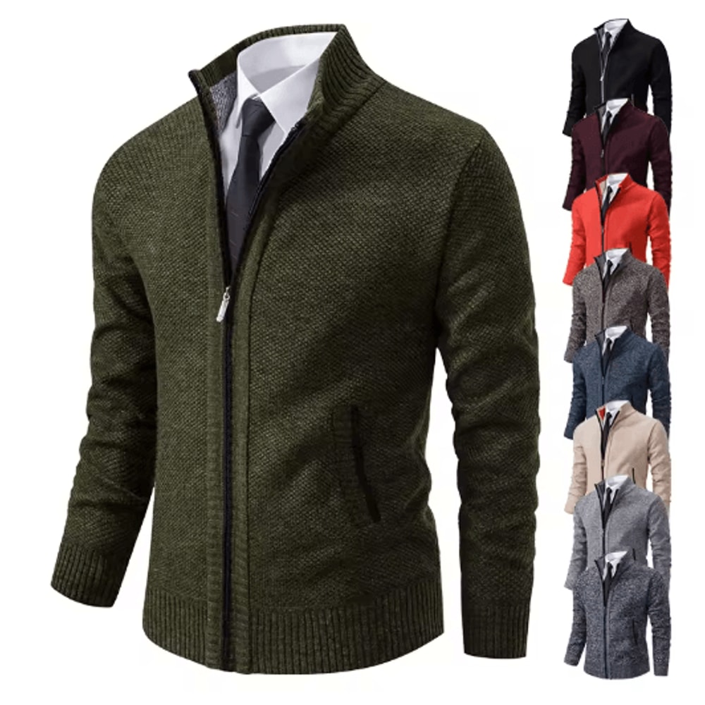 Mens Autumn Winter Casual Sports Cardigan Fleece Lined Stand Collar Zipper Sweater 0