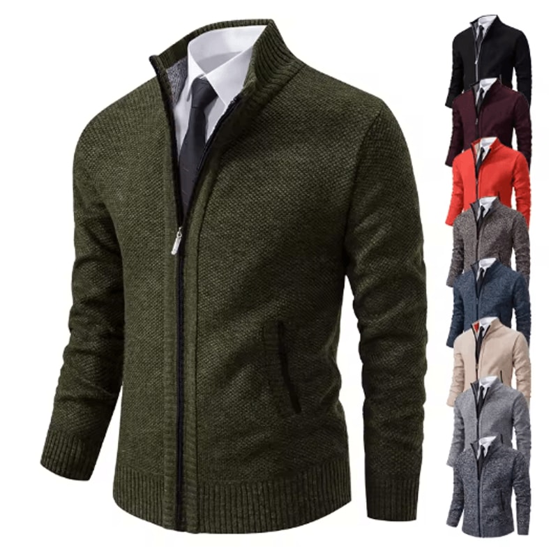 Mens Autumn Winter Casual Sports Cardigan Fleece Lined Stand Collar Zipper Sweater 0