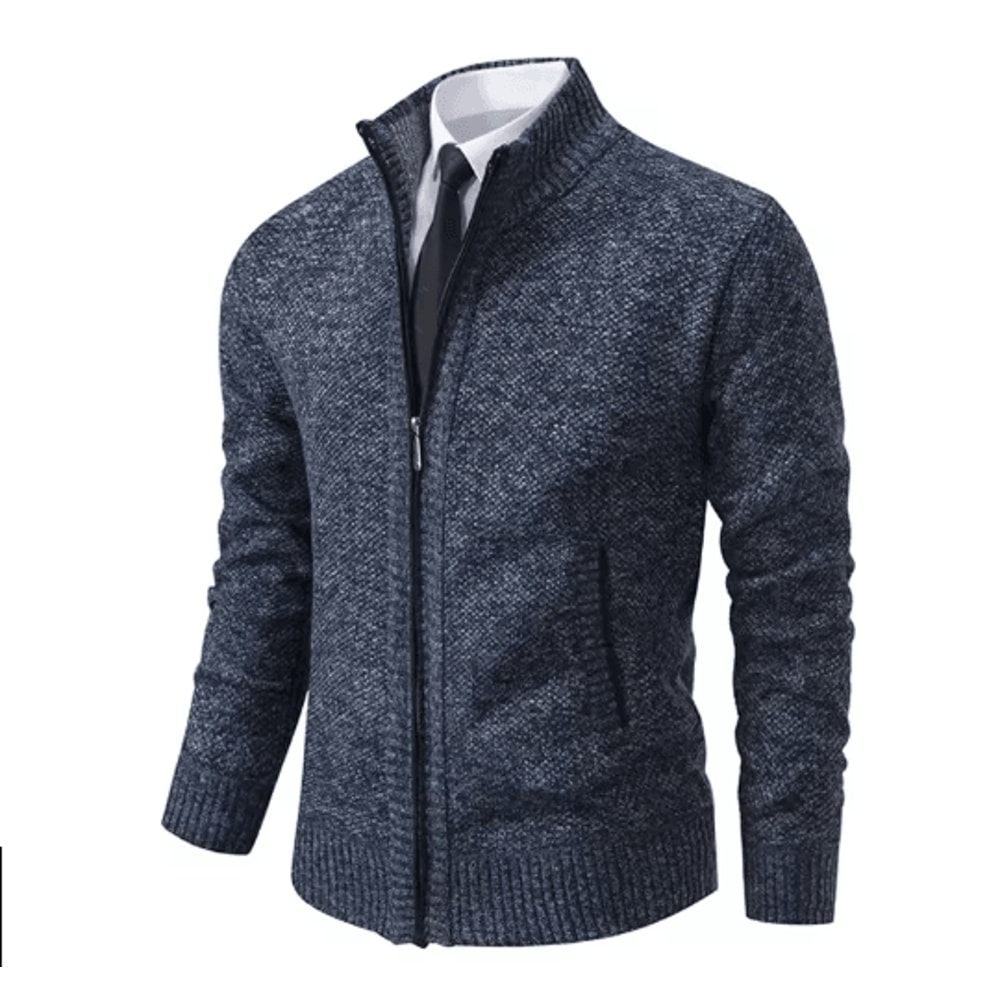 Mens Autumn Winter Casual Sports Cardigan Fleece Lined Stand Collar Zipper Sweater 9