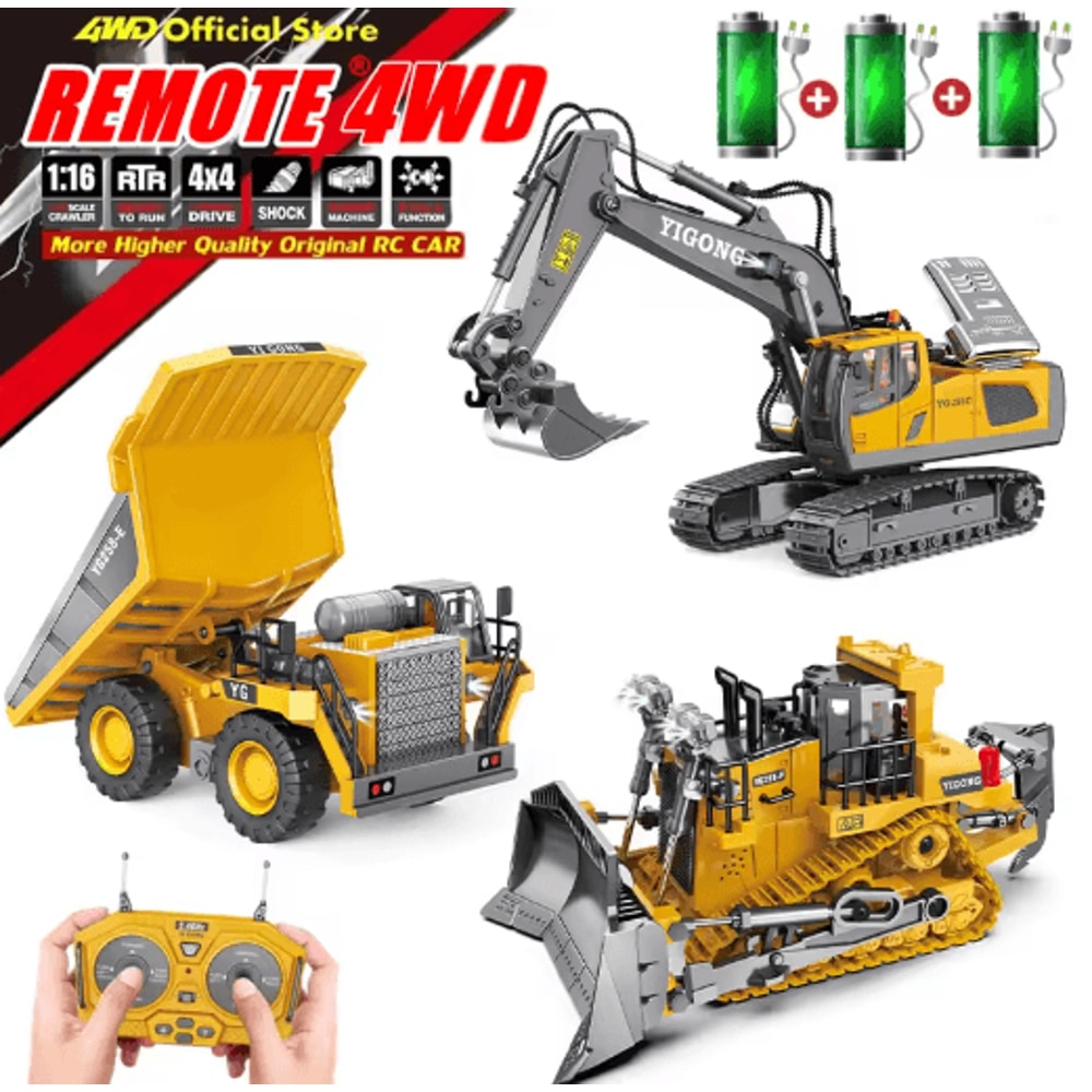 4WD RC Construction Vehicle Toy Remote Control Excavator Dump Truck Bulldozer Set 0