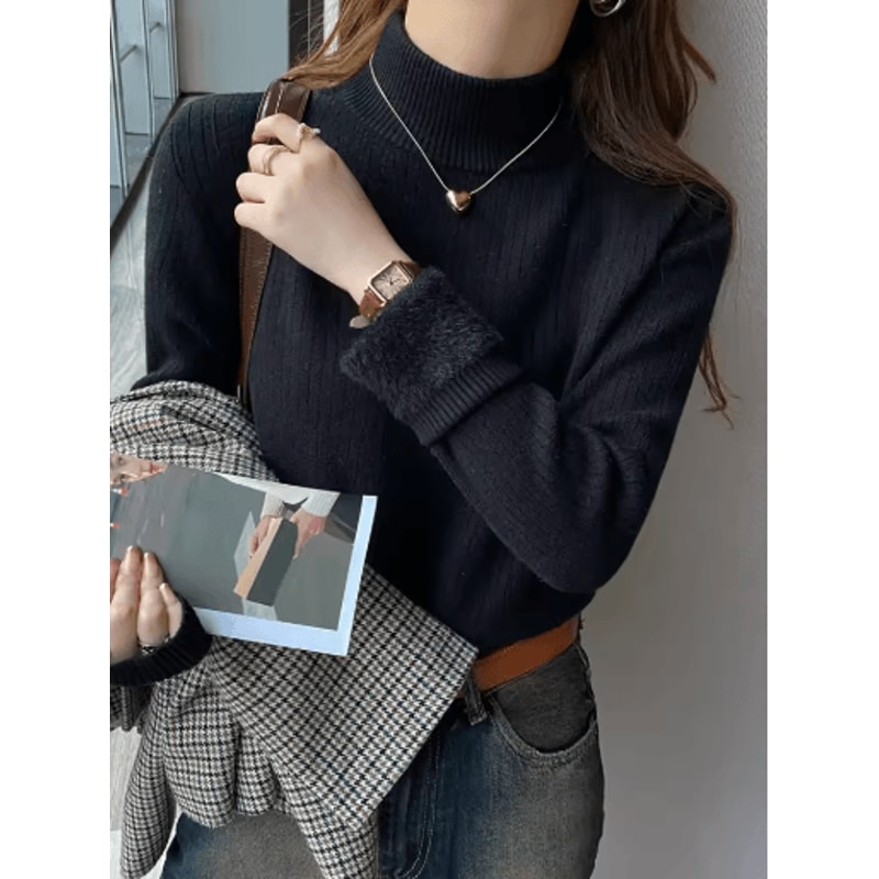 Womens Winter Turtleneck Sweater 2025 Retro Velvet Lined Thermal Knit Pullover 4