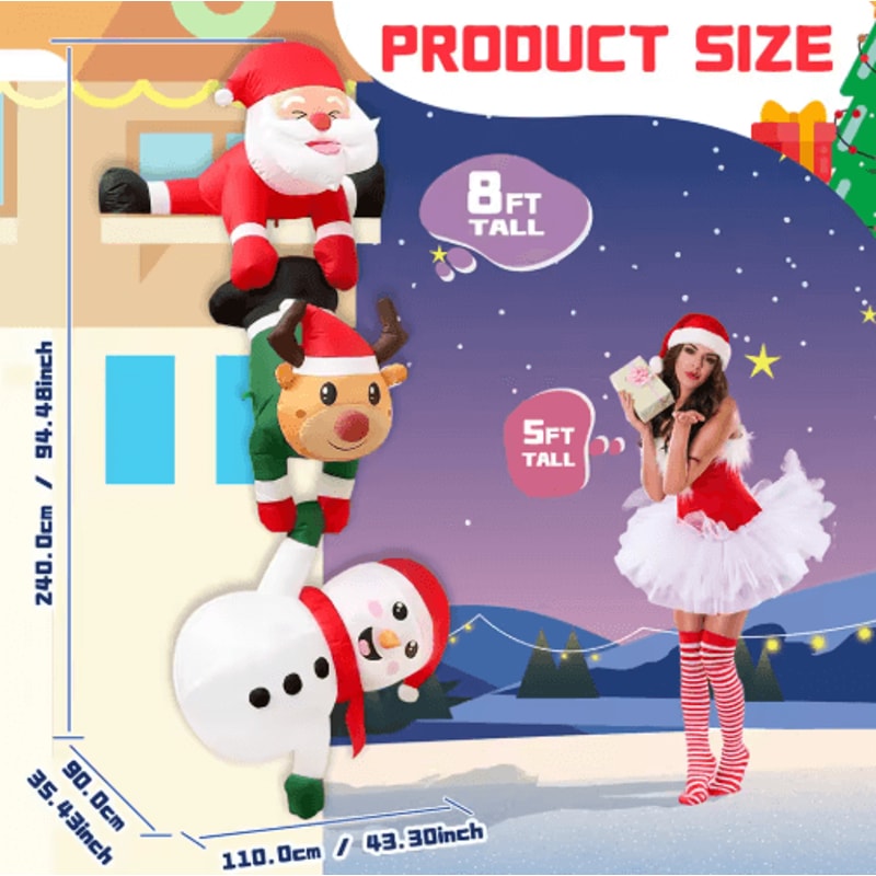 24M Inflatable Christmas Climbing Santa With Reindeer Snowman LED Outdoor Holiday Decor 1