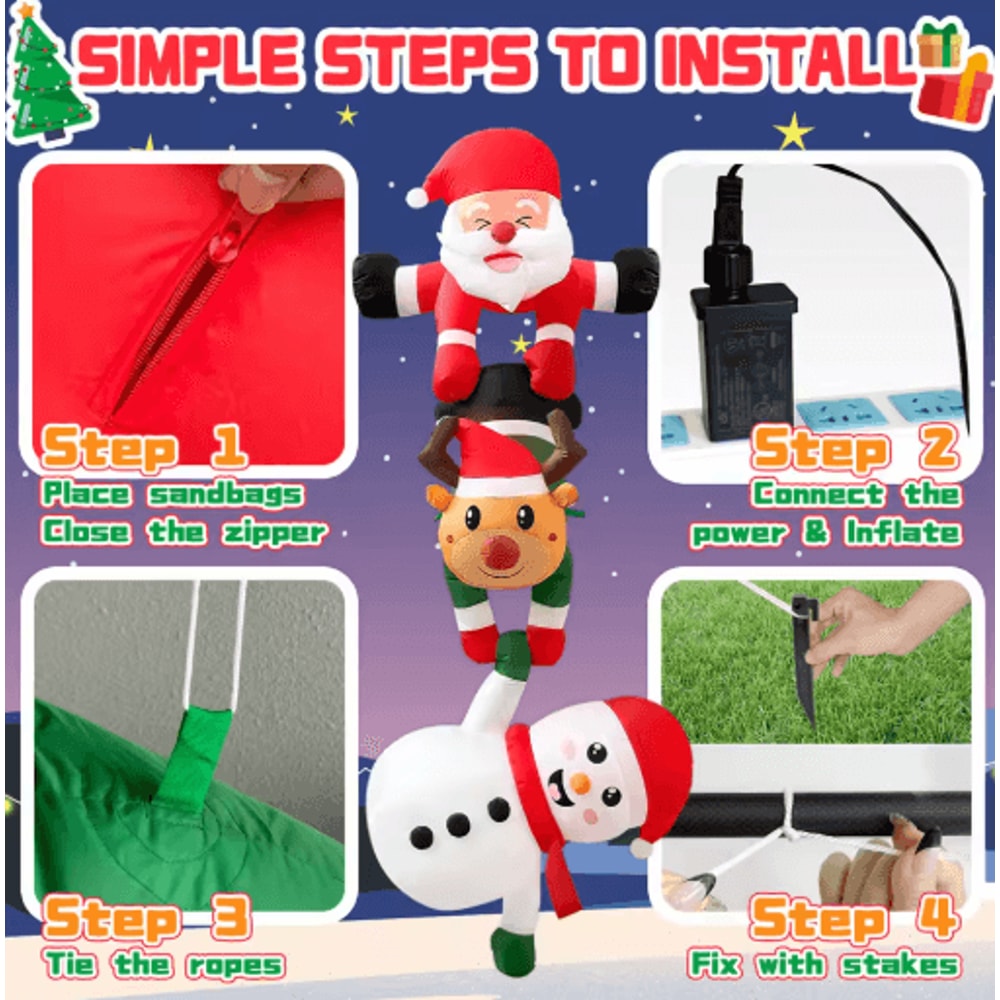24M Inflatable Christmas Climbing Santa With Reindeer Snowman LED Outdoor Holiday Decor 3