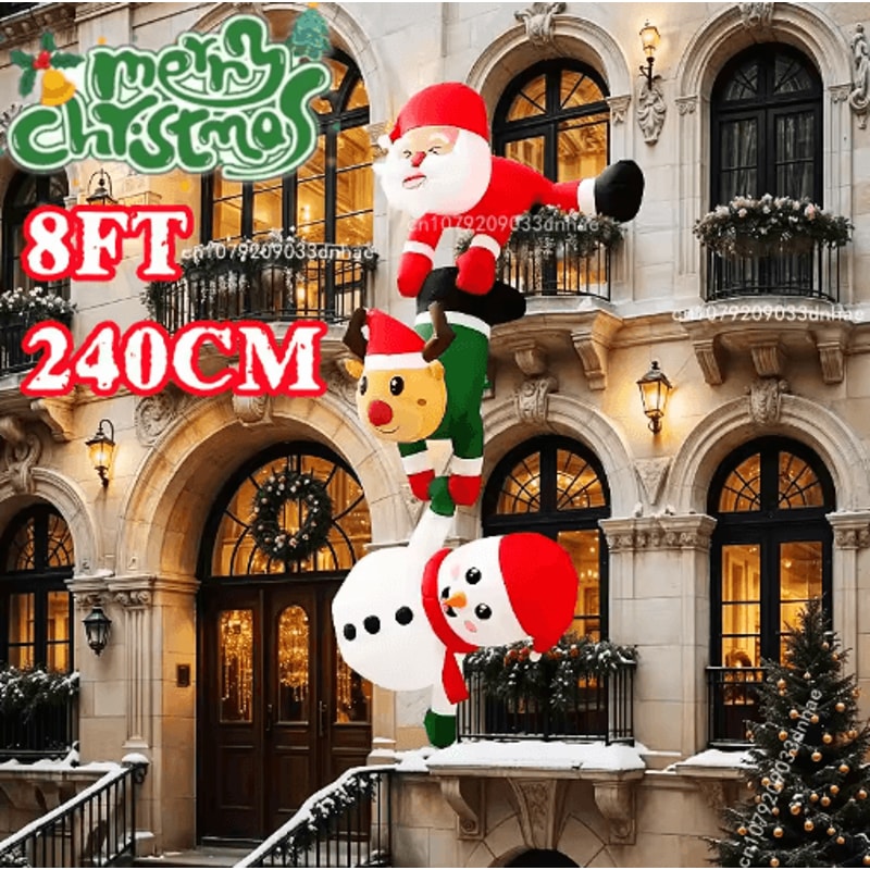 24M Inflatable Christmas Climbing Santa With Reindeer Snowman LED Outdoor Holiday Decor 0