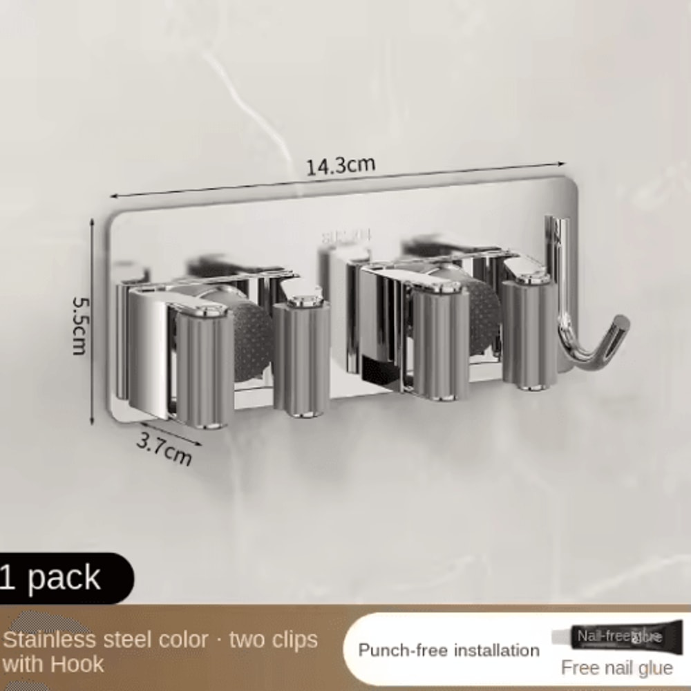 Non Perforated Stainless Steel Mop Holder Wall Mounted Broom Mop Clamp Hook 4