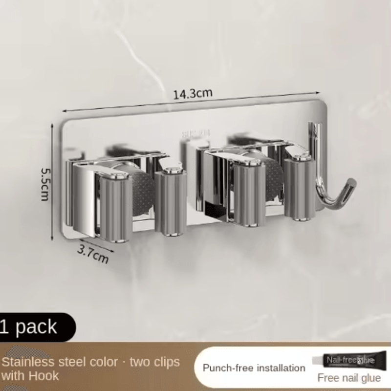 Non Perforated Stainless Steel Mop Holder Wall Mounted Broom Mop Clamp Hook 4