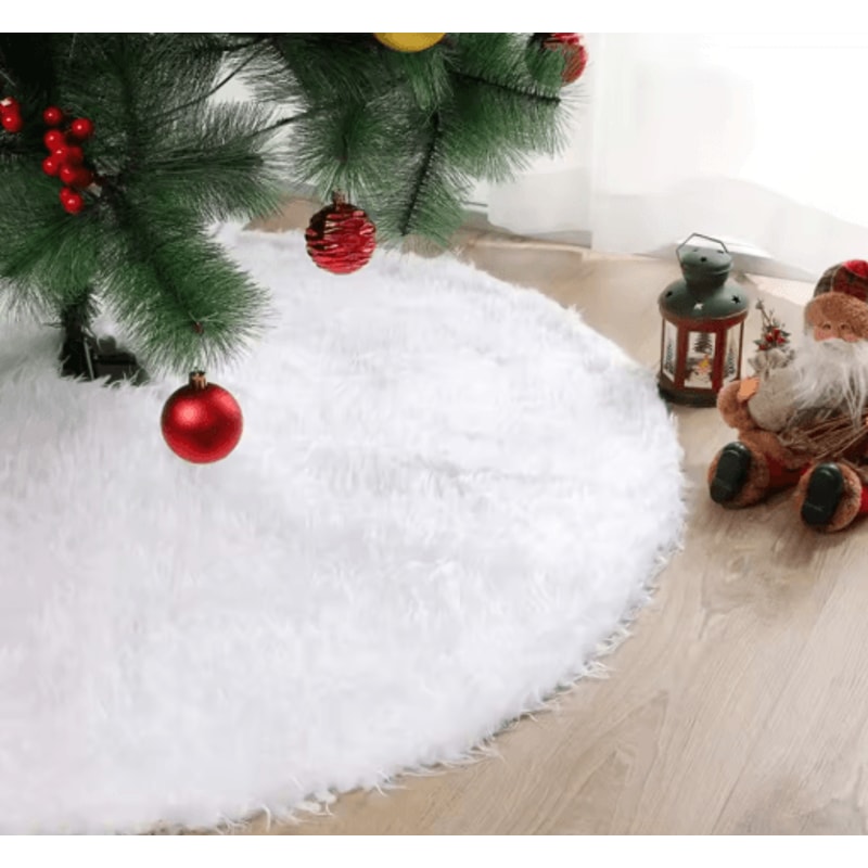 150cm White Plush Christmas Tree Skirt Faux Fur Snowflake Holiday Tree Mat 4