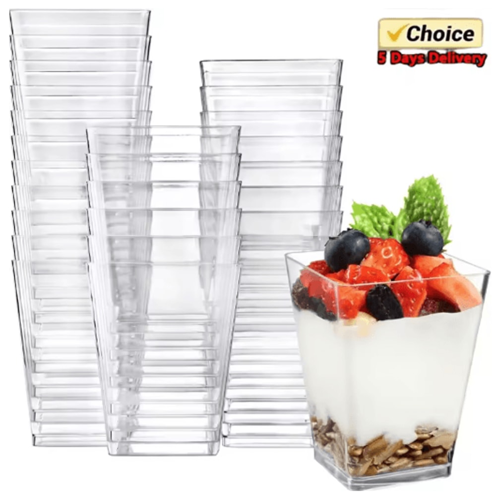 50pcs Disposable Ladder Shaped Dessert Cups Clear Plastic Mousse Pudding Cups 0
