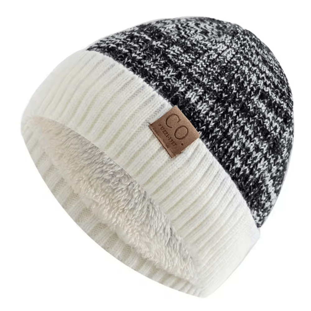 Unisex Two Tone Fur Lined Winter Beanie Warm Knitted Hat For Men Women 1