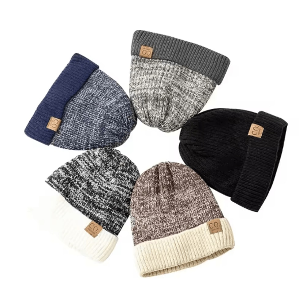 Unisex Two Tone Fur Lined Winter Beanie Warm Knitted Hat For Men Women 2