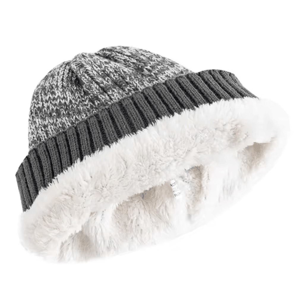 Unisex Two Tone Fur Lined Winter Beanie Warm Knitted Hat For Men Women 4