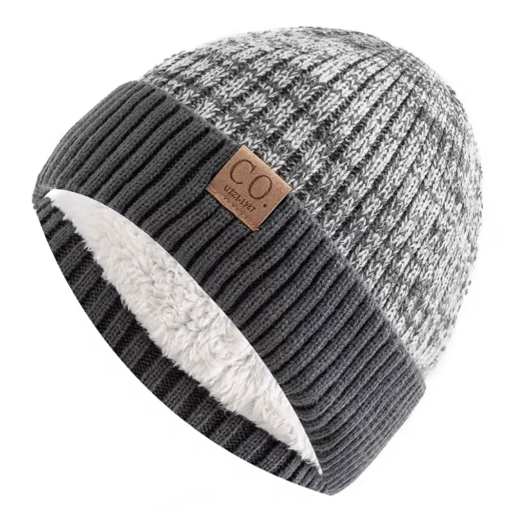 Unisex Two Tone Fur Lined Winter Beanie Warm Knitted Hat For Men Women 0