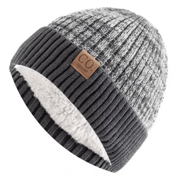 unisex two tone fur lined winter beanie warm knitted hat for men women