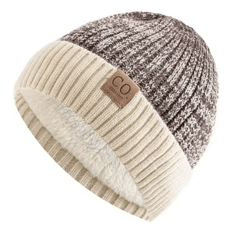 Unisex Two Tone Fur Lined Winter Beanie Warm Knitted Hat For Men Women 6