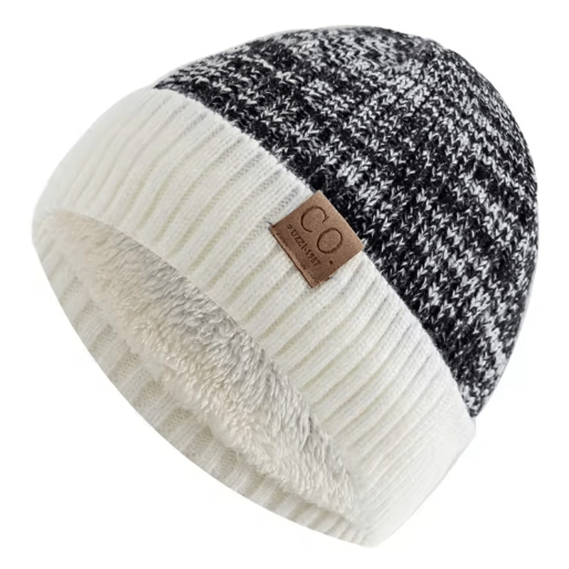 Unisex Two Tone Fur Lined Winter Beanie Warm Knitted Hat For Men Women 9