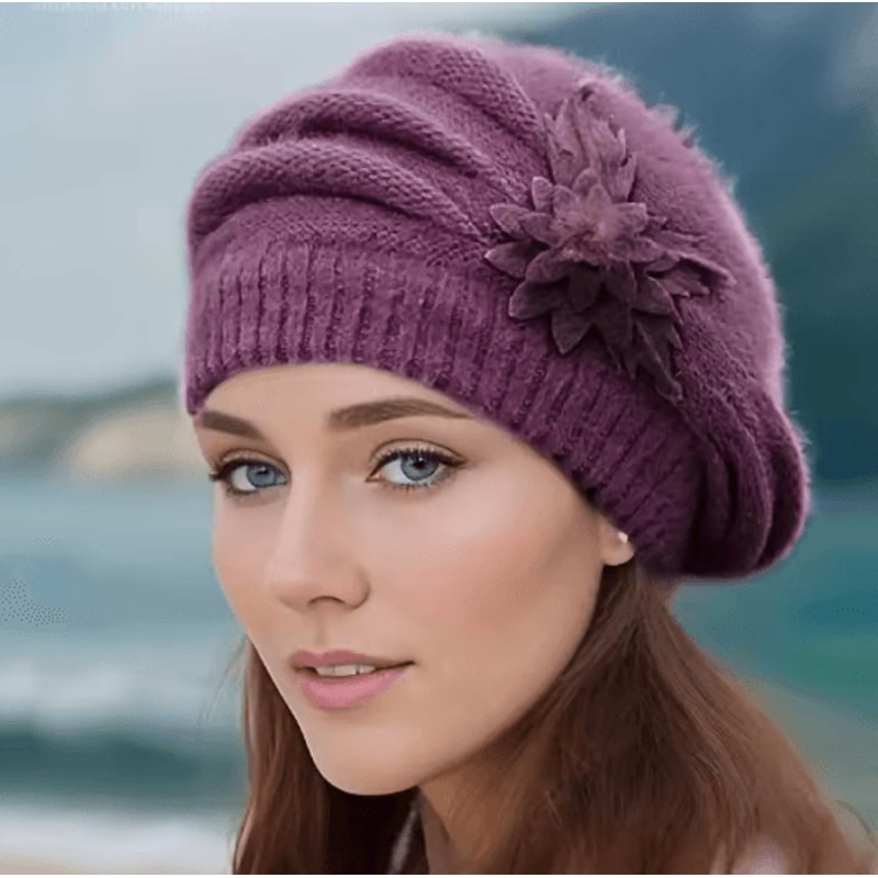 Womens Winter Flower Beret Thick Knitted Wool Hat For Autumn Winter Warmth 1