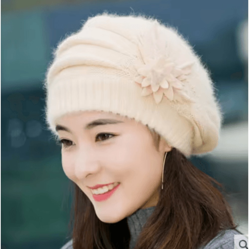 Womens Winter Flower Beret Thick Knitted Wool Hat For Autumn Winter Warmth 3