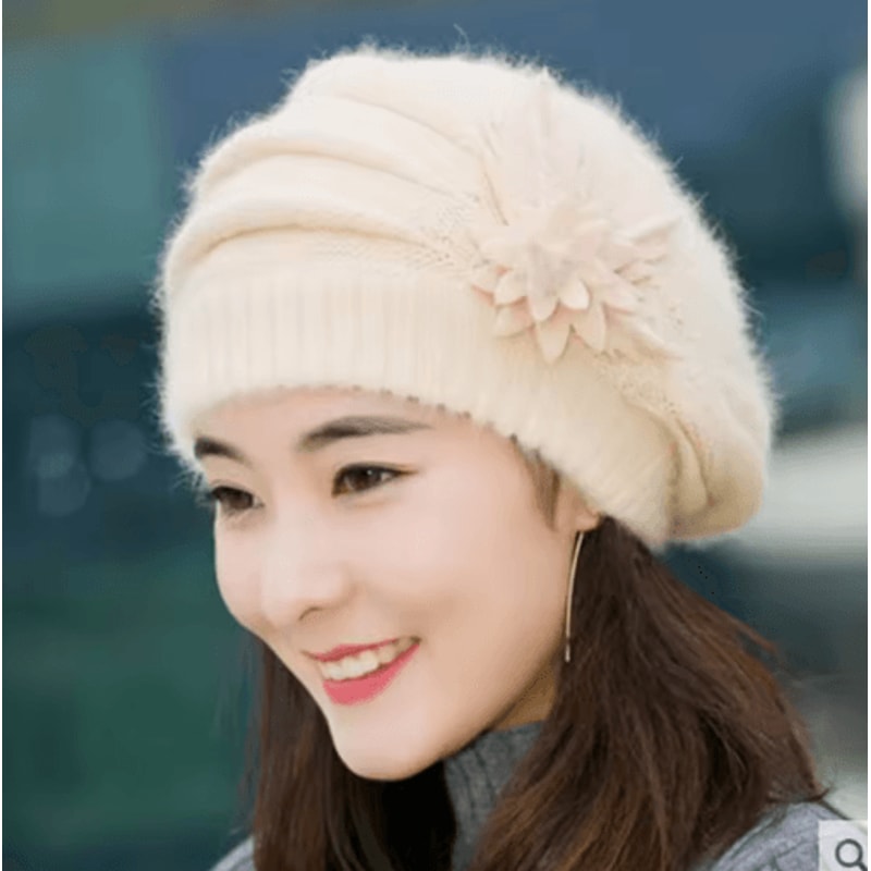 Womens Winter Flower Beret Thick Knitted Wool Hat For Autumn Winter Warmth 3