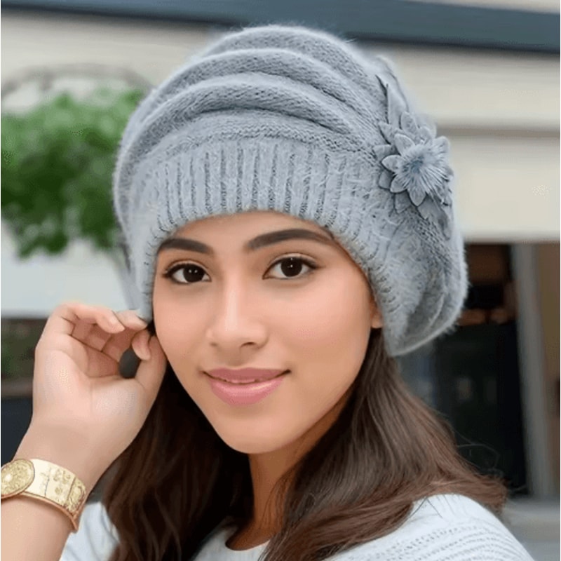 Womens Winter Flower Beret Thick Knitted Wool Hat For Autumn Winter Warmth 4