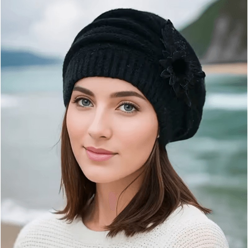 Womens Winter Flower Beret Thick Knitted Wool Hat For Autumn Winter Warmth 6