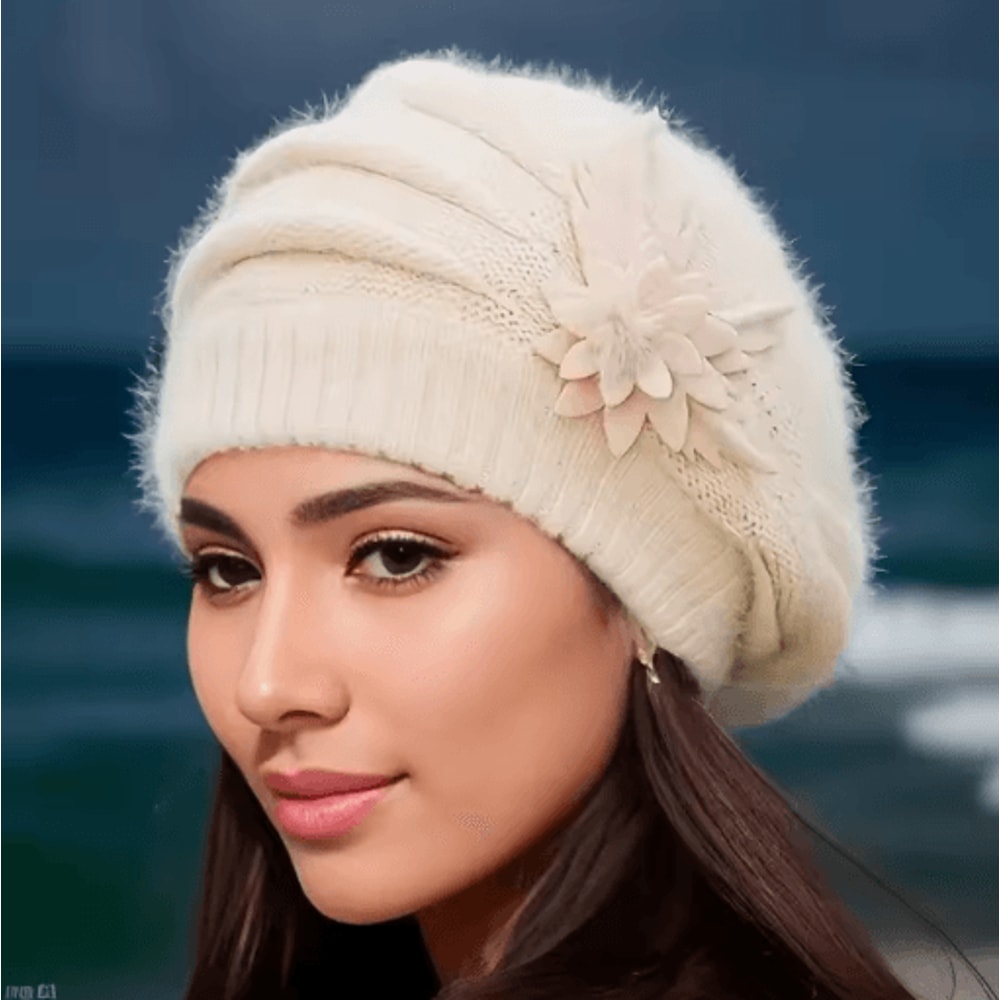 Womens Winter Flower Beret Thick Knitted Wool Hat For Autumn Winter Warmth 0