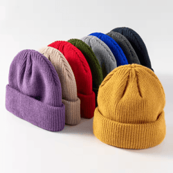 solid color dome knitted hat versatile melon leather style winter beanie for men and women