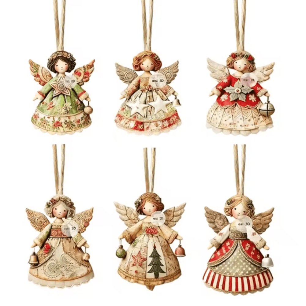 Wooden Angel Christmas Tree Ornaments 2D Angel With Bell Hanging Decor 6 12 24PCS 3