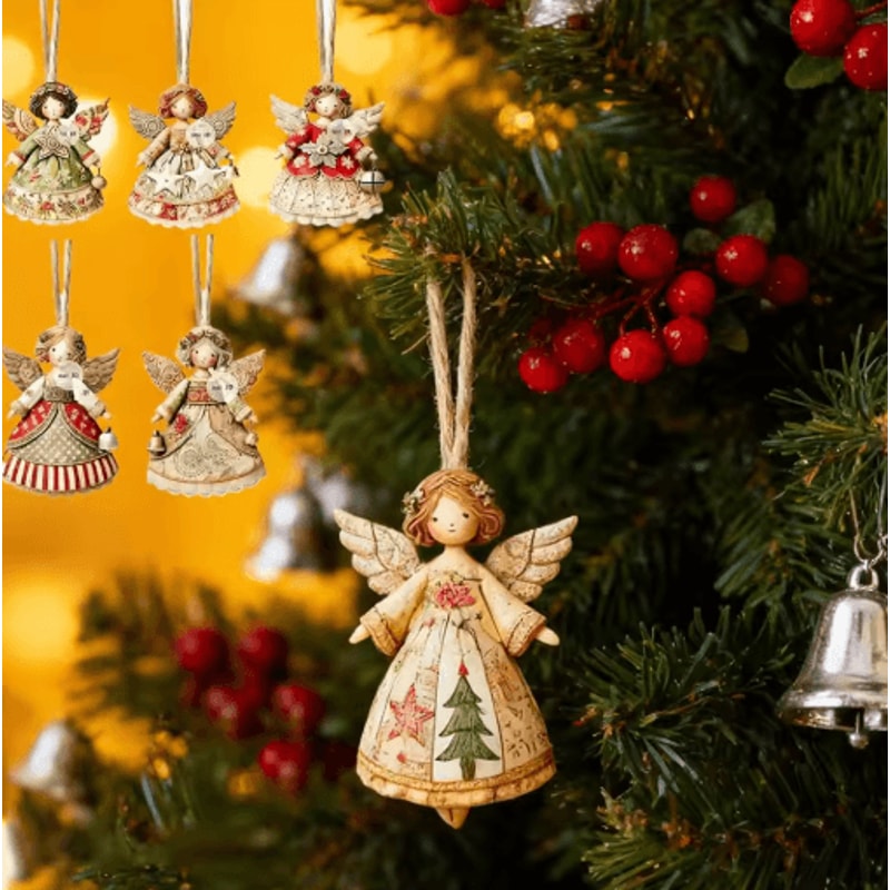 Wooden Angel Christmas Tree Ornaments 2D Angel With Bell Hanging Decor 6 12 24PCS 0