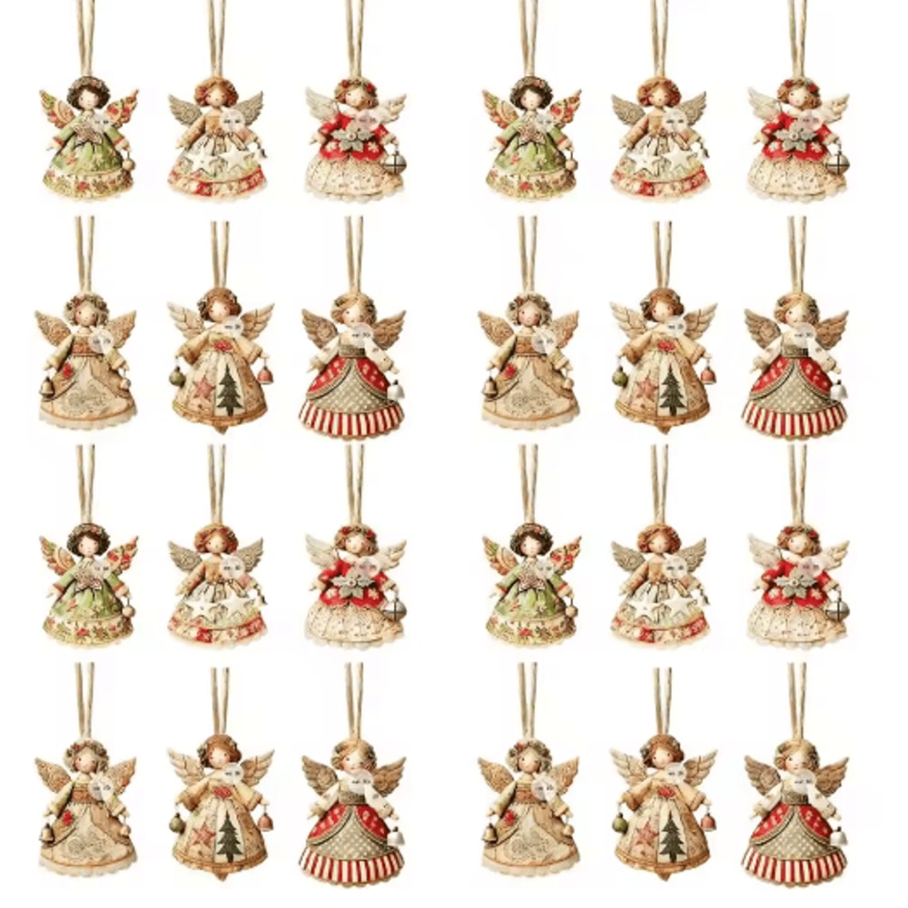 Wooden Angel Christmas Tree Ornaments 2D Angel With Bell Hanging Decor 6 12 24PCS 8