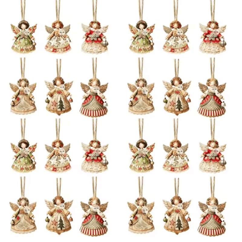 Wooden Angel Christmas Tree Ornaments 2D Angel With Bell Hanging Decor 6 12 24PCS 8