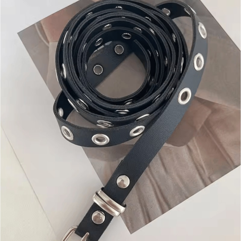 Double Circle PU Leather Belt For Women Thin Studded Punk Waist Belt 2