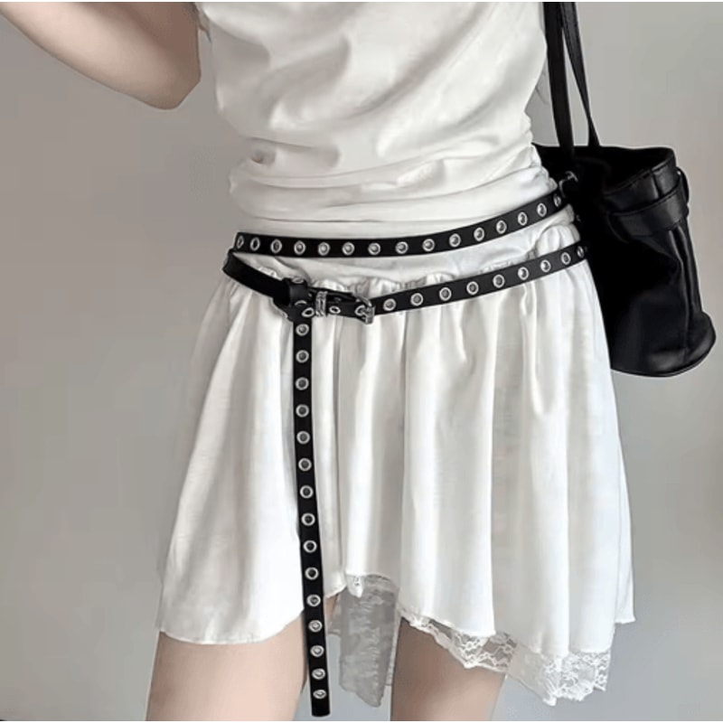 Double Circle PU Leather Belt For Women Thin Studded Punk Waist Belt 3