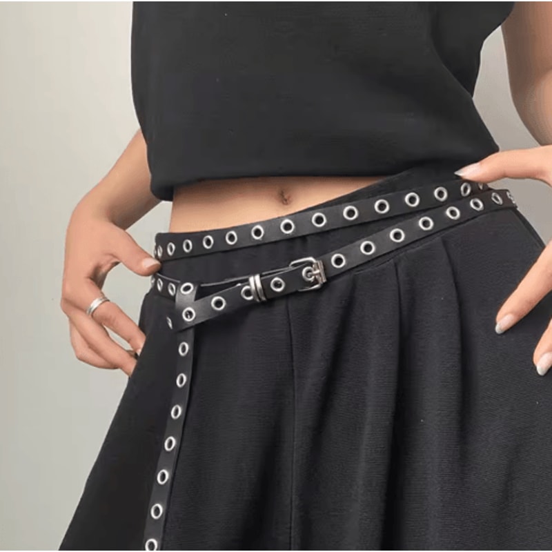 Double Circle PU Leather Belt For Women Thin Studded Punk Waist Belt 5