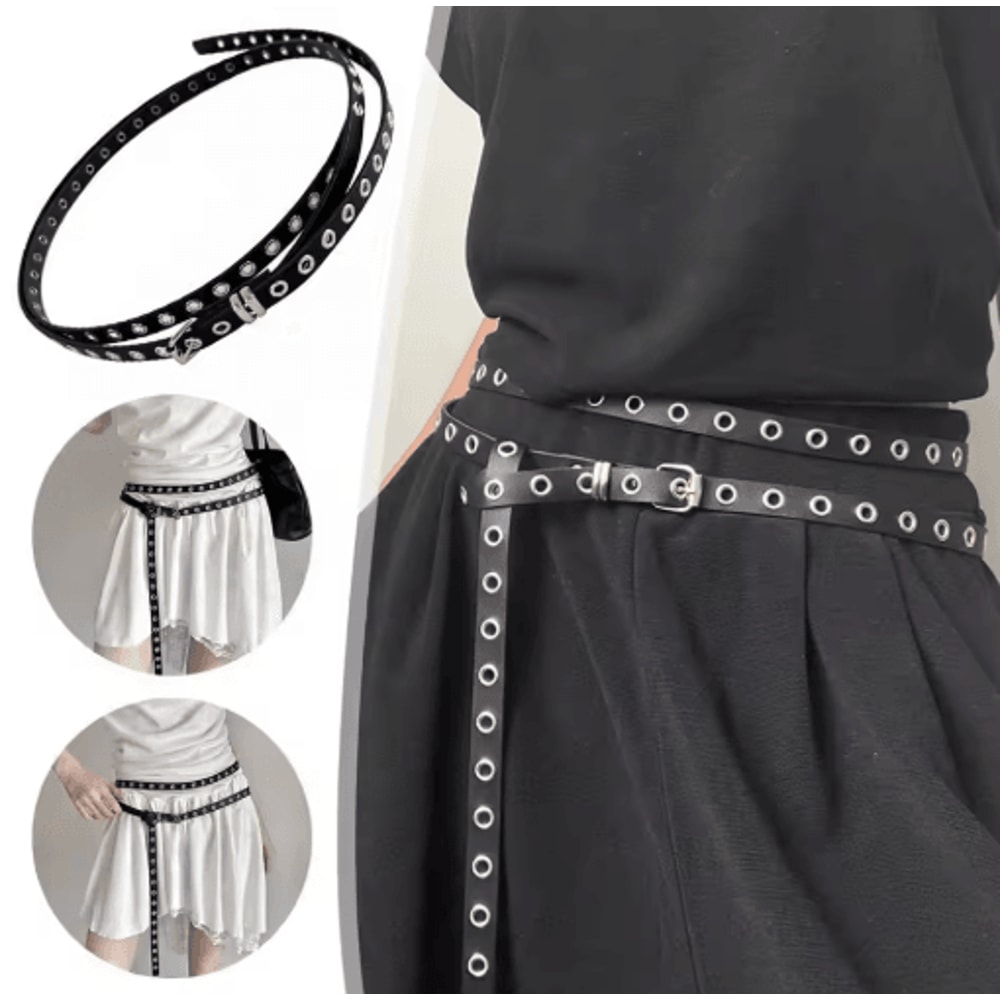 Double Circle PU Leather Belt For Women Thin Studded Punk Waist Belt 0
